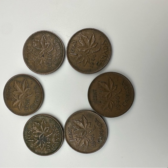 WWII-Era Canadian Penny Set – 6 Coins (1940–1946) – George VI – Vintage Copper - Picture 5 of 8